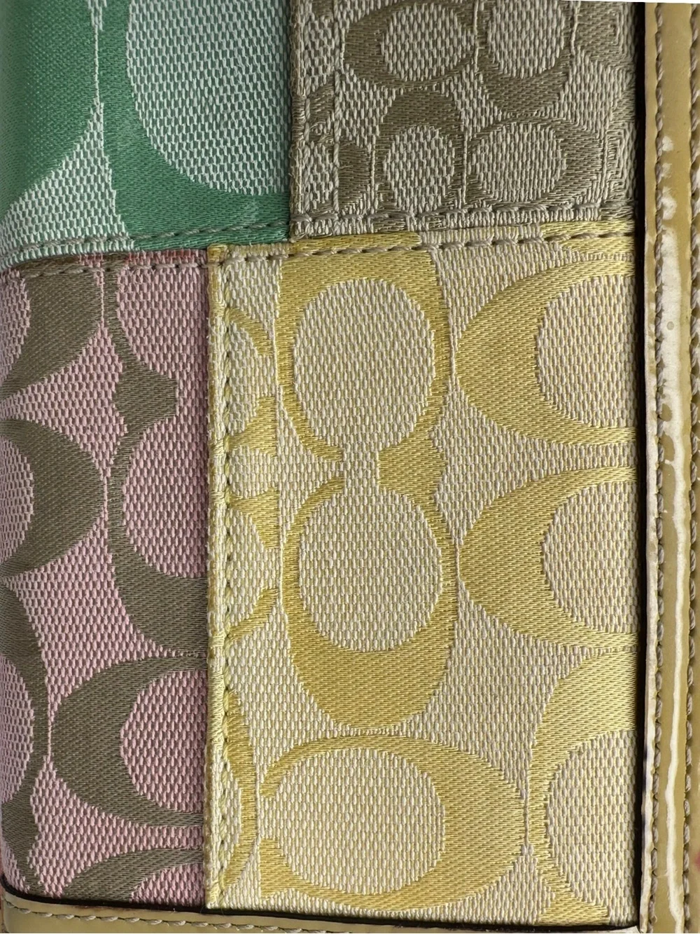 Coach Patchwork Signature Zip Wallet in Pink, Green, Yellow and Tan